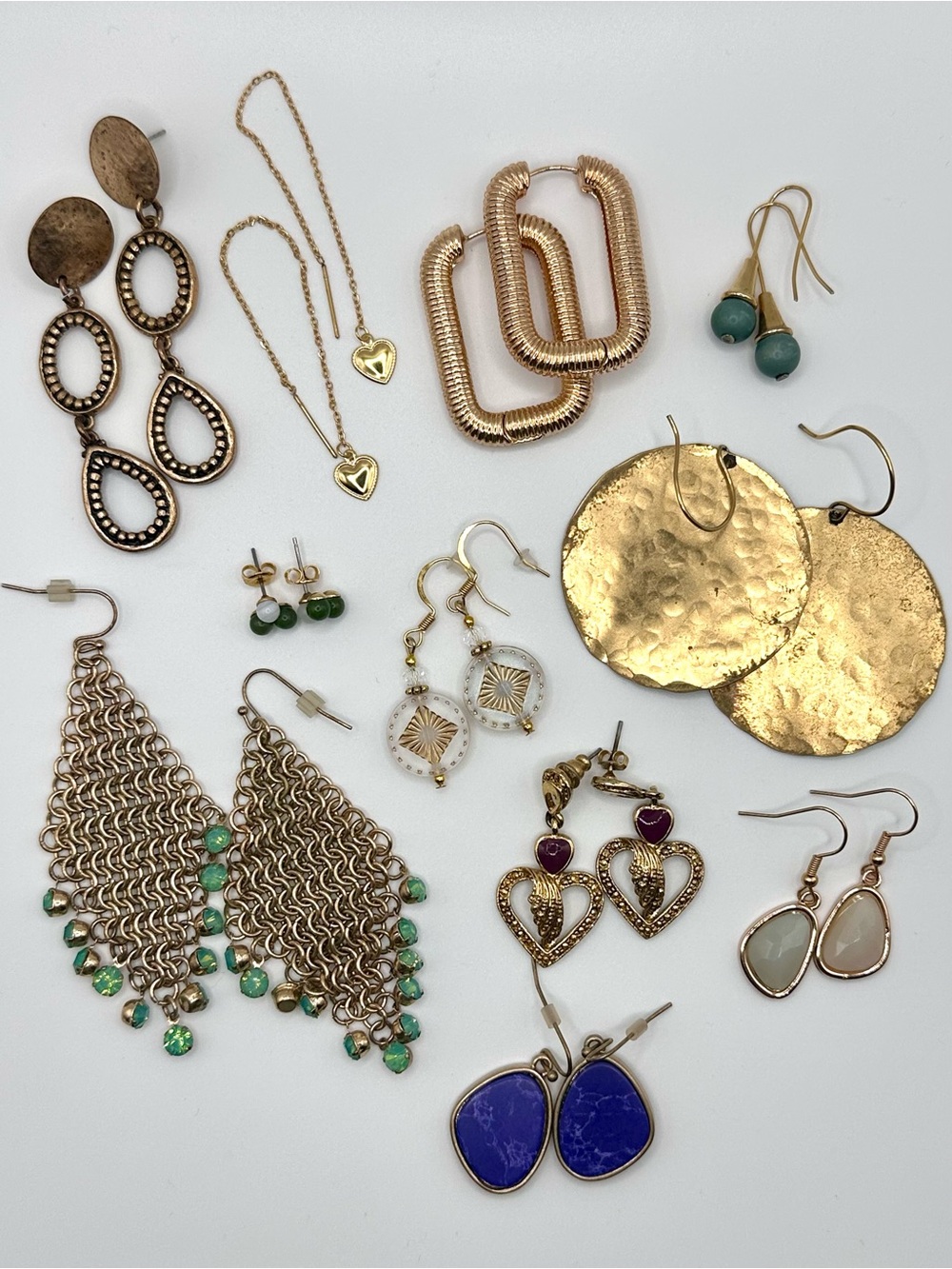 Lot of 11 Pairs of Gold Tone Earrings - Dangles Hoops Beaded Boho Mixed Lot